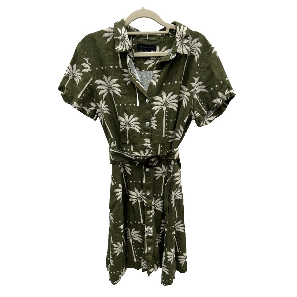 Tahari Palm Print Shirt Dress‎ Womens Small Green Linen Blend Tropical Resort